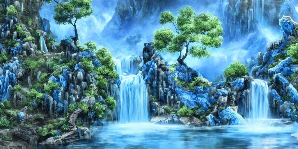 Image similar to Ancient chinese background on mountain with waterfalls, willow trees, arch bridges. Blue and cool background. Realistic paint, specular light, high contrast, highly detailed, 4k, shallow depth of field, cinematic light, concept art, artstation