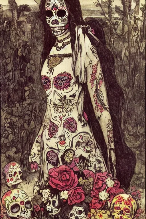 Prompt: illustration of a sugar skull day of the dead girl, art by pierre puvis de chavannes