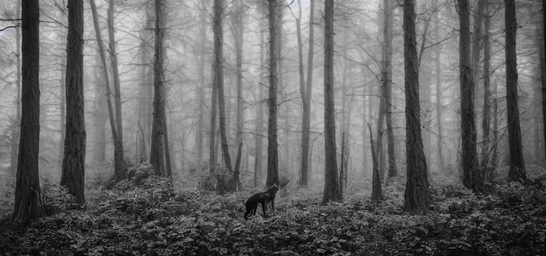 Prompt: misty forest, black wolf hunting, monochrome, analogue photo quality, blur, unfocus, cinematic, 35mm, ivan shishkin style