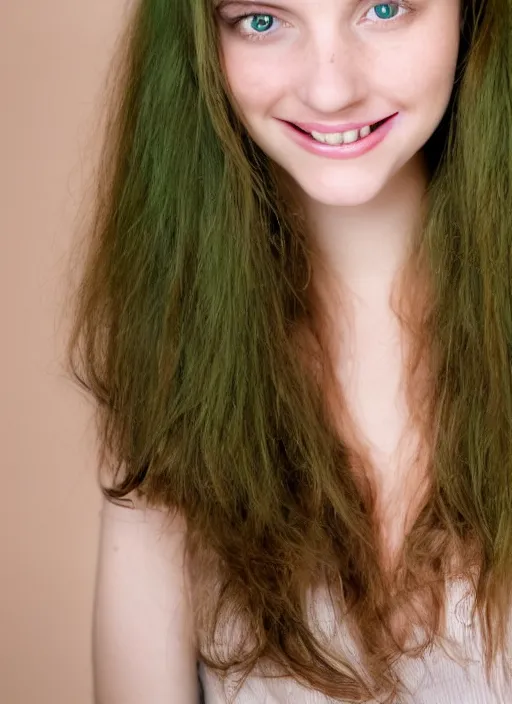 Image similar to portrait of a cute beautiful 2 0 year old woman with long brown hair, light green eyes, slight freckles, thin lips and cute smile