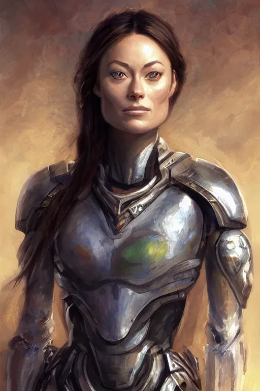 Image similar to a professional painting of a young Olivia Wilde, clothes in military armor, olive skin, long dark hair, beautiful bone structure, symmetrical facial features, intricate, elegant, digital painting, concept art, smooth, sharp focus, illustration, from StarCraft by Ruan Jia and Mandy Jurgens and Artgerm and William-Adolphe Bouguerea