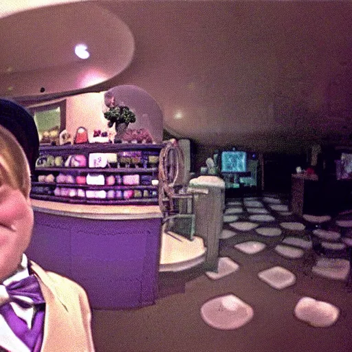 Image similar to grainy security cam footage still movie Willy Wonka and his Chocolate Factory, extreme wide angle