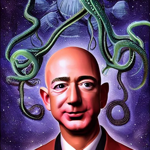 Prompt: Jeff Bezos as a terrifying cosmic horror with tentacles and soulless eyes with a cosmic background. Epic digital art