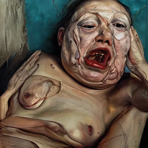 Image similar to high quality high detail painting by lucian freud and jenny saville, hd, horror, unsettling, turquoise