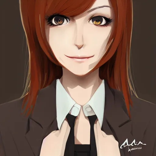 Prompt: woman in business suit, brown neat hair, animesque, pixiv, fanbox, trending on artstation, digital art, portrait, modern, sleek, highly detailed, formal, serious, determined, competent, colorized, smooth, charming, pretty, safe for work, blank background