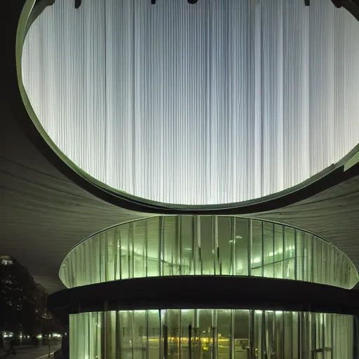 Prompt: circular building by Sir David Adjaye, inside green park, night vision,