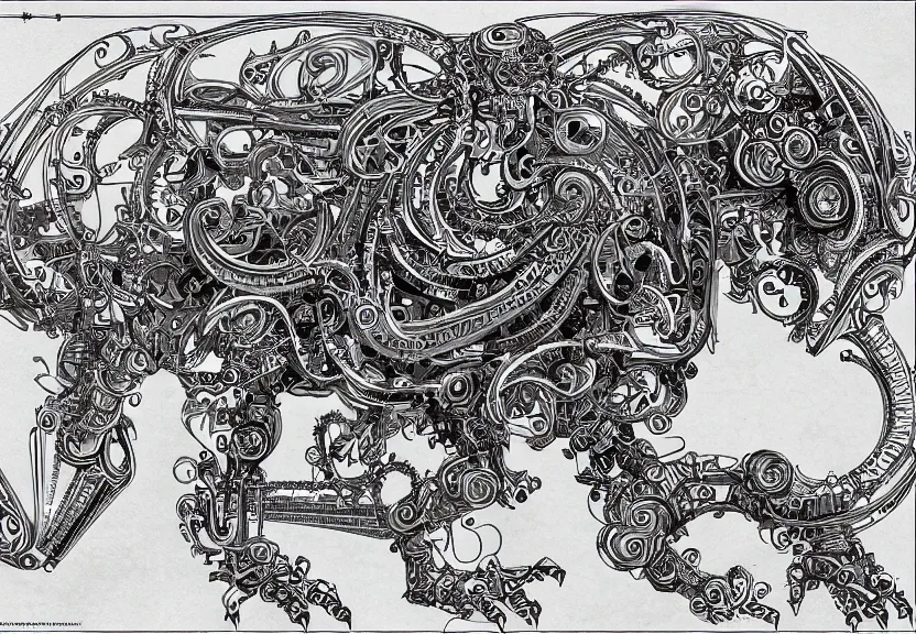 Image similar to schematic blueprint of highly detailed ornate filigreed convoluted ornamented elaborate cybernetic rat, full body, character design, middle of the page, art by da vinci