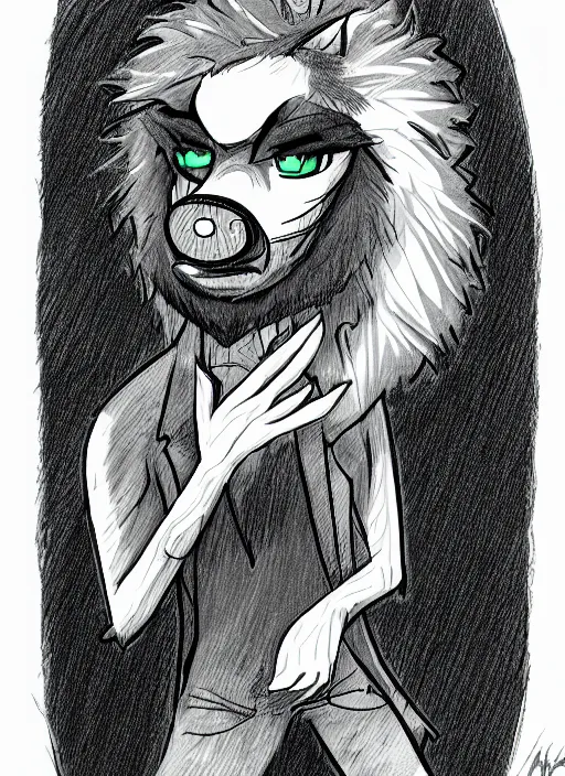 Prompt: a beautiful portrait commission of a gloomy male furry anthro flating in a dark somber void, detailed, inked, minty atmosphere