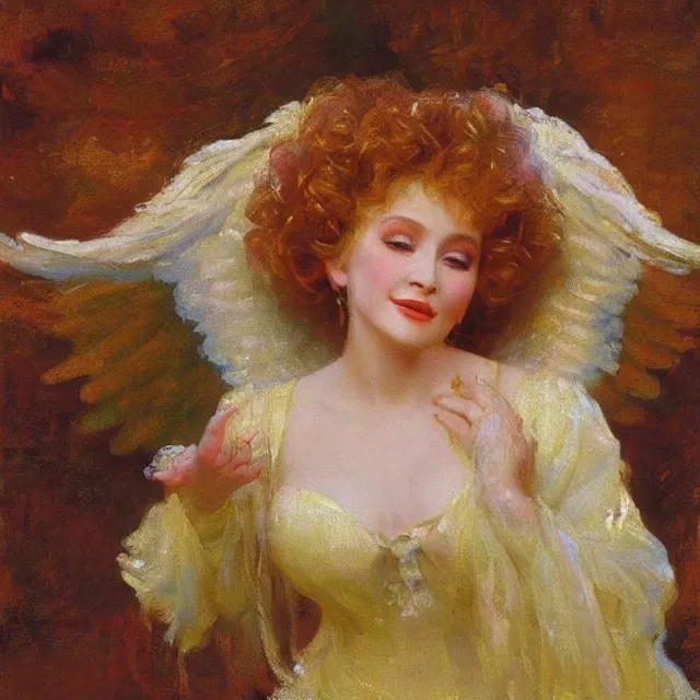 Prompt: high quality high detail painting by ilya repin depicting dolly parton as a beautiful angel, glow