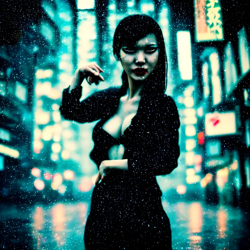 Image similar to a photo close up cyberpunk woman dancing in the rain, cyberpunk hiroshima, prefecture streets, midnight, photorealistic, cinematic lighting, highly detailed, bokeh, style by tomino - sama