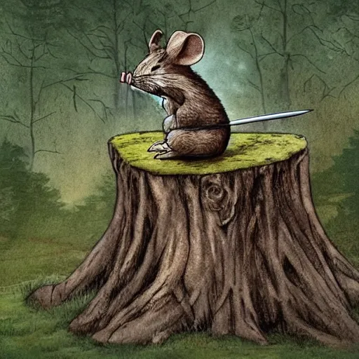Prompt: Mouse Guard sits on a stump holding a sword, in deep forest many trees around, by rivuletpaper, rivuletpaper art, Mouse Guard by David Petersen, mouse photo, small details, realistic illustration,