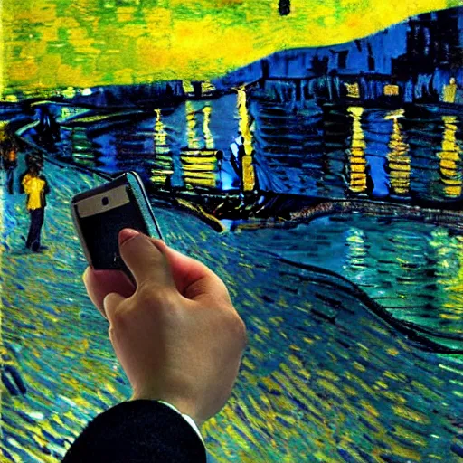 Image similar to iphone selfie, phone in hand, by van gogh