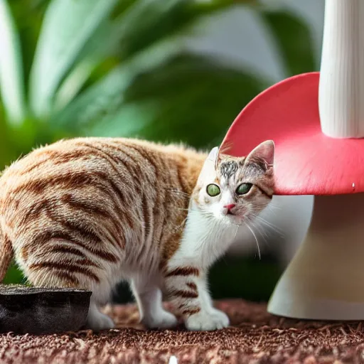 Image similar to a small domestic house cat with a mushroom growing atop its head