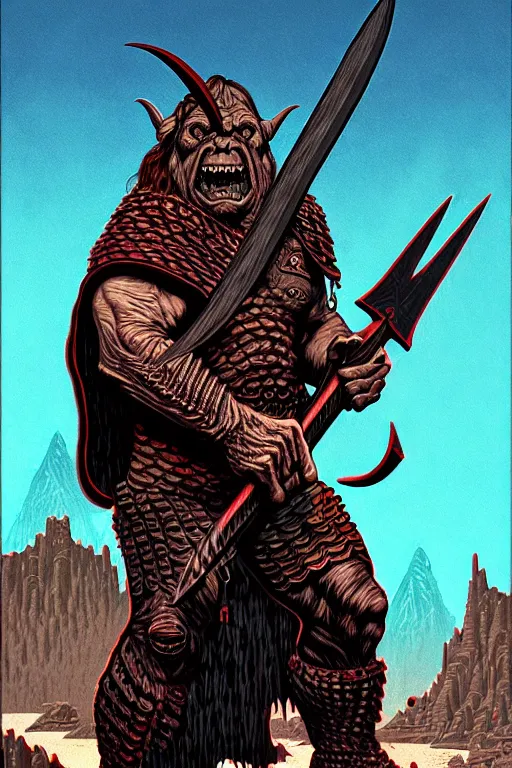 Image similar to cloaked orc holding large axe, high details, intricately detailed, by vincent di fate, inking, 3 color screen print, masterpiece, trending on artstation, sharp, details, hyper - detailed, hd, 4 k, 8 k