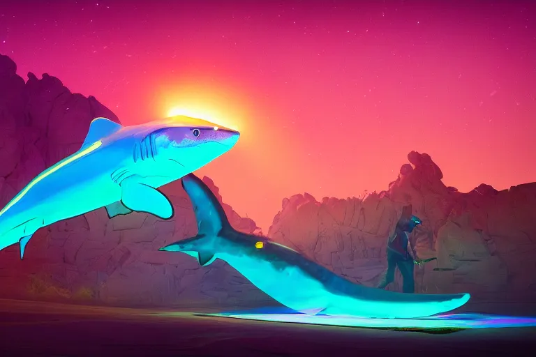 Prompt: a holographic projection of a huge colorful transparent shark appears in the desert at night, a man is stunned, by anton fadeev and jame paick, 8 k, unreal engine