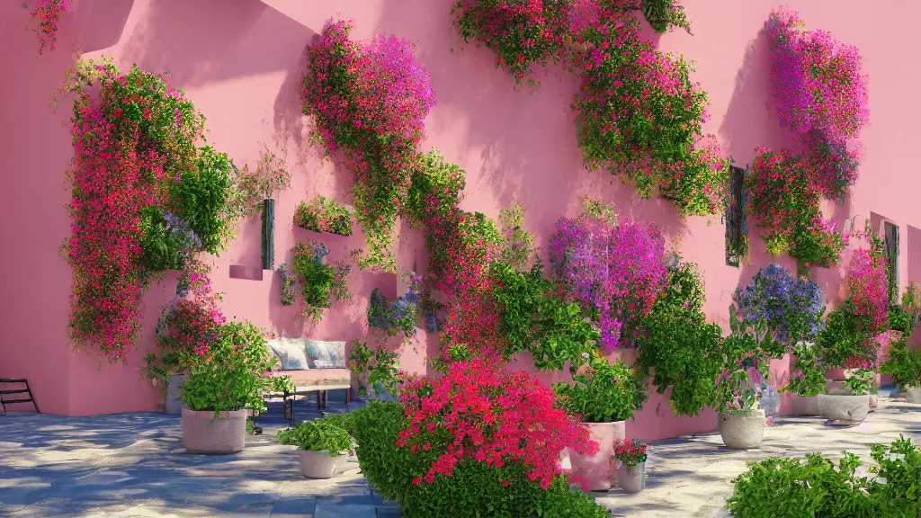 Prompt: andalusian patio full of flowers, vibrant colors, dreamy scenario, sunny sky, open plan, ropes around walls, octane render