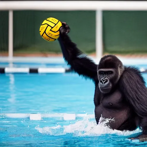 Image similar to back side photograph of a silverback gorilla throwing a ball to a water polo goalkeeper