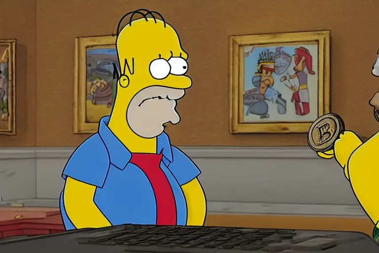 Image similar to Homer Simpson reacting to the crash of Bitcoin, 8k, real photo, CryEngine