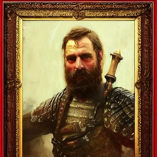 Image similar to Solomon Joseph Solomon and Richard Schmid and Jeremy Lipking victorian genre painting portrait painting of a old rugged movie actor medieval french english german knight character in fantasy costume, red background