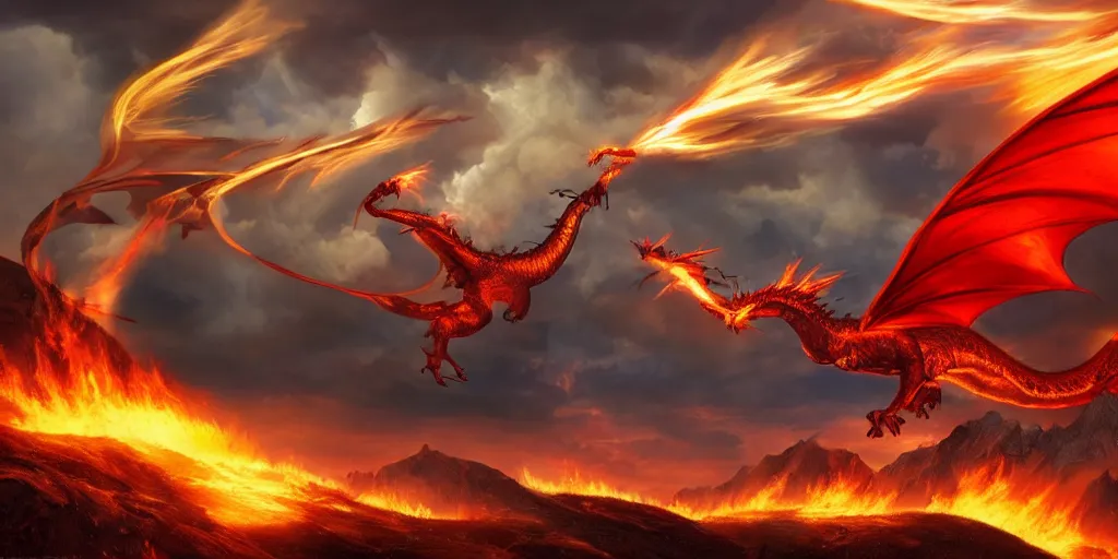 Prompt: a powerful flying fire Dragon spitting fire fighting against a strong Wizard which spells lightning strikes in the foreground, big Mountains and wide forrests are in the Background, stormy weather at night ,cinematic Style, hyperrealistic, artstation