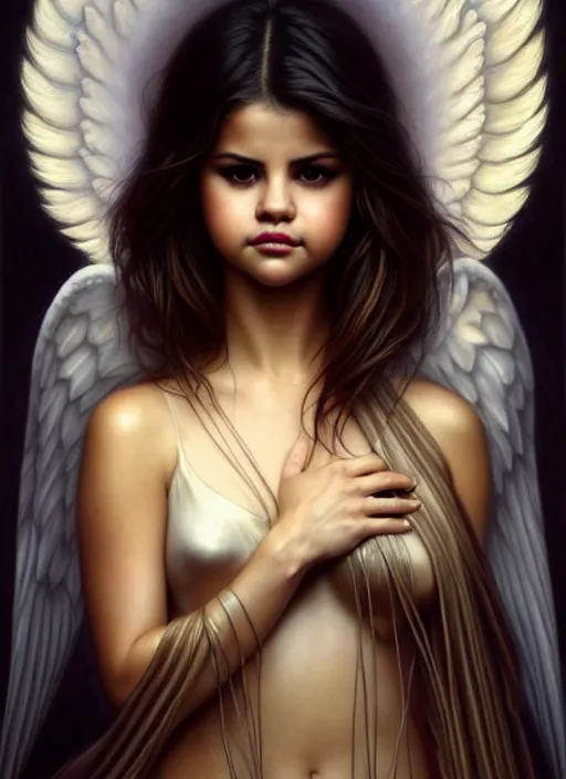 Image similar to selena gomez as an angel, aesthetic, fine art, intricate, elegant, highly detailed, realistic hair, centered, digital painting, art station, conceptual art, soft, sharp focus, illustration, artwork, artgerm, tomasz alen kopera, peter mohrbacher, donato giancola, wlop, boris vallejo