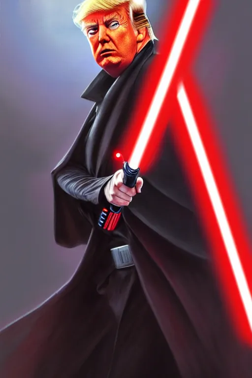 Image similar to Donald Trump as a Sith from Star Wars, red light saber, realistic portrait, symmetrical, highly detailed, digital painting, artstation, concept art, smooth, sharp focus, cinematic lighting, art by artgerm and greg rutkowski and alphonse mucha