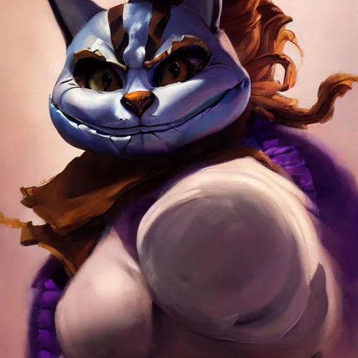 Image similar to greg manchess portrait painting of partially armored cheshire cat from alice in wonderland as overwatch character, medium shot, asymmetrical, profile picture, organic painting, sunny day, matte painting, bold shapes, hard edges, street art, trending on artstation, by huang guangjian, gil elvgren, ruan jia, randy vargas, greg rutkowski