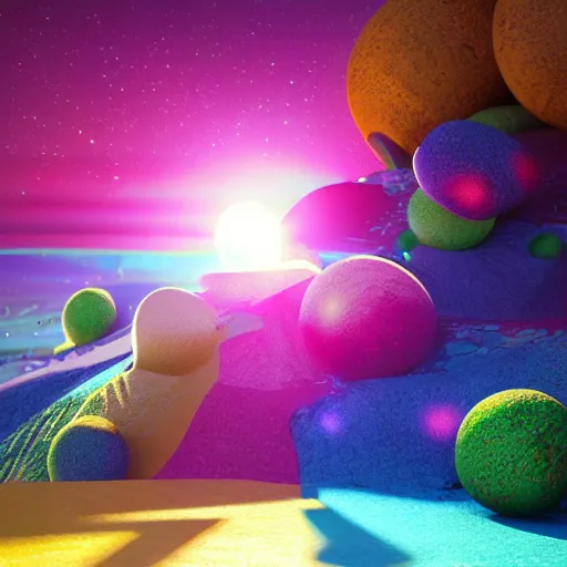 Image similar to sunny morning in other galaxy, vivid colors, detailed, octane render