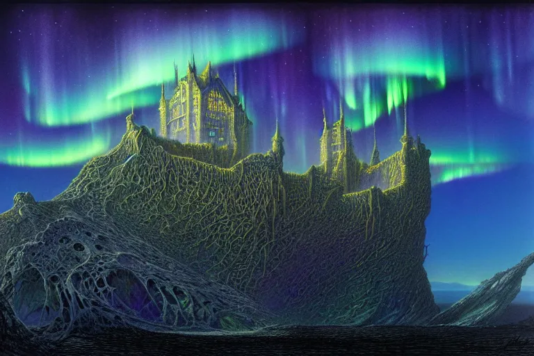 Image similar to highly detailed photoreal eldritch biomechanical castle on a cliff, aurora borealis, psychedelic by alan lee, john howe. ted naismith