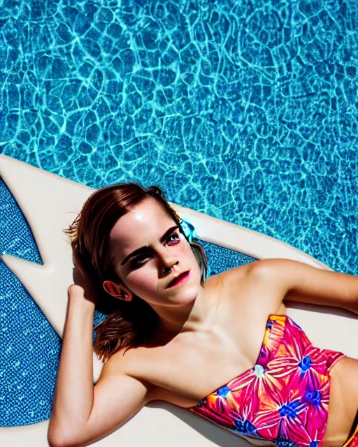 Image similar to Emma Watson for Victorian Secret, perfect face, hot summertime hippie, psychedelic swimsuit, in a sun lounger, pool, cloudy day, full length shot, shooting angle from below, XF IQ4, 150MP, 50mm, f/1.4, ISO 200, 1/250s, natural light, Adobe Photoshop, Adobe Lightroom, DxO Photolab, Corel PaintShop Pro, rule of thirds, symmetrical balance, depth layering, polarizing filter, Sense of Depth