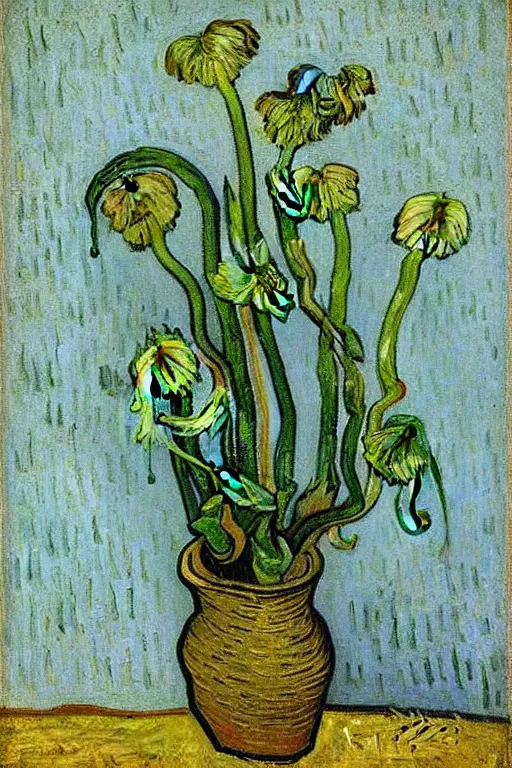 Image similar to Fiddleheads, painted by Vincent Van Gogh (1890), oil on canvas, detailed brushstrokes