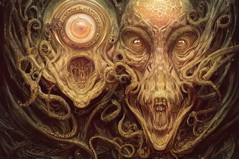 Image similar to a lovecraftian painting of cthulhu face of cosmic horror, cosmic horror elements, ultra realistic, concept art, intricate details, eerie, highly detailed, photorealistic, octane render, 8 k, unreal engine. art by artgerm and greg rutkowski and alphonse mucha