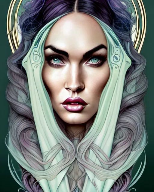 Image similar to new art nouveau portrait of fantasy goddess megan fox in the style of anna dittmann, patrick nagle, charlie bowater and loish. long windblown hair, very large, clear, expressive, and intelligent eyes. symmetrical, centered, ultrasharp focus, dramatic lighting, photorealistic digital matte painting, intricate ultra detailed background.