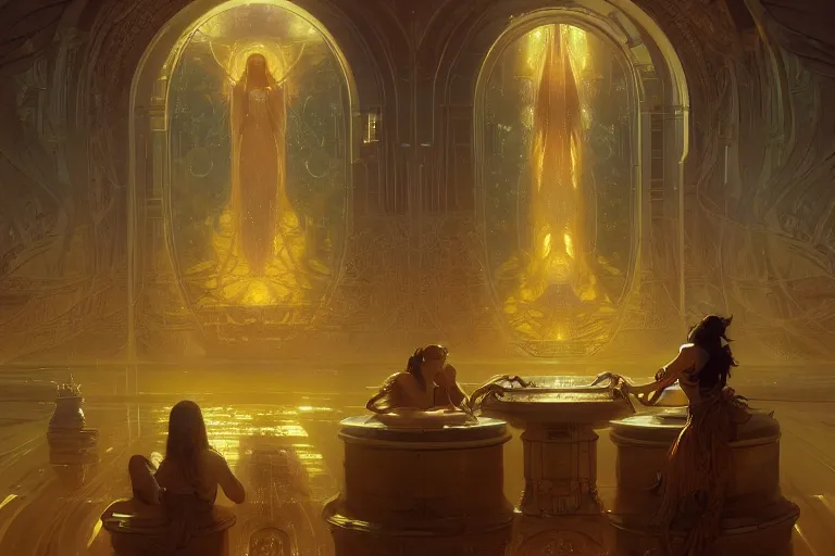 Image similar to a background matte painting for a high tech science fiction religious room with chambers of bubbling liquid gold intricate digital painting artstation concept art smooth sharp focus illustration, art by artgerm and paul chadeisson and greg rutkowski and alphonse mucha