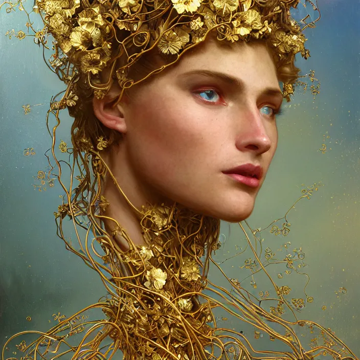 Image similar to hyperrealist portrait of a 2 0 4 4 space sport engineer, it is decorated with long gold wires and gold flowers that fall like vines and wears a huge computer crown. by jeremy mann and alphonse mucha, fantasy art, photo realistic, dynamic lighting, artstation, poster, volumetric lighting, dramatic light, very detailed faces, 8 k, award winning