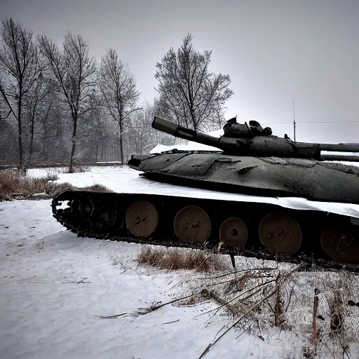 Prompt: soviet union abandoned main battle tank in snow storm