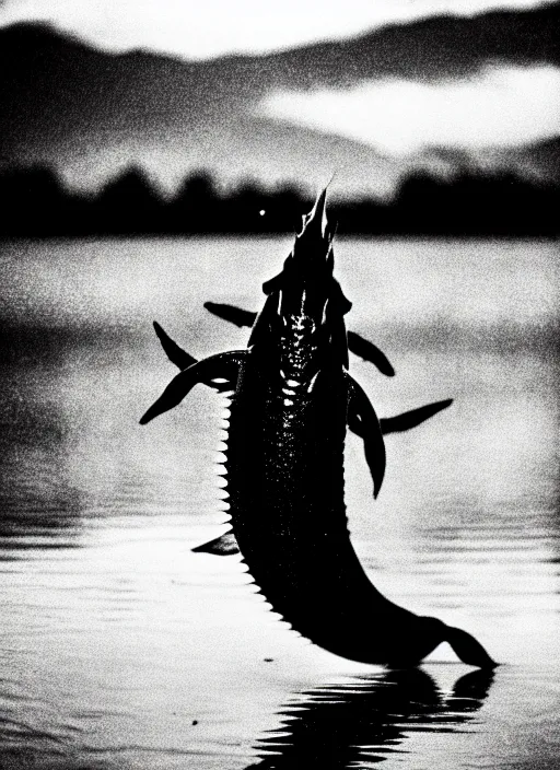 Prompt: a real life gyarados swimming in a lake, proof photograph, black and white, blurry, old camera, grainy, in motion