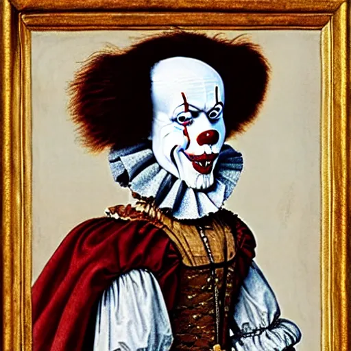 Prompt: a highly detailed portrait of pennywise the clown, wearing elegant tudor clothes, inside a room with thick red tapestries, by hans holbein and alessandro allori