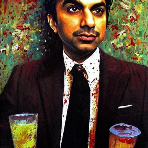 Prompt: a painting of raj koothrappali kunal - nayyar as the mob - boss in the godfather, by arthur suydam trending on artstation, oil painting rebrandt