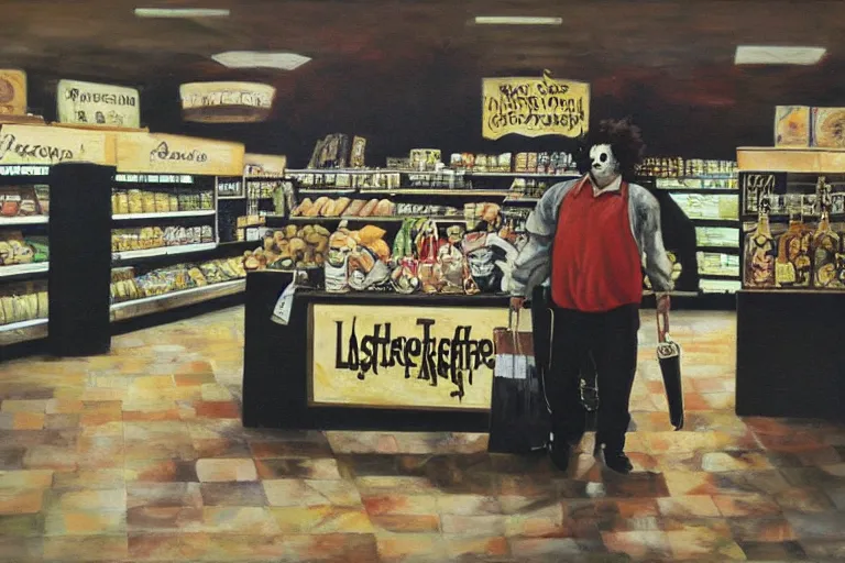 Prompt: black velvet painting of leatherface shopping at a grocery store