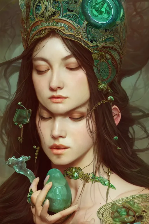 Prompt: beautiful ancient forgotten witch uses jade magic, highly detailed, digital painting, artstation, sharp focus, illustration, art by tan zi and ayanamikodon and alphonse mucha and wlop