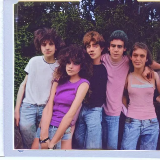 Image similar to French teenagers in the 80's, flash color polaroid, detailed