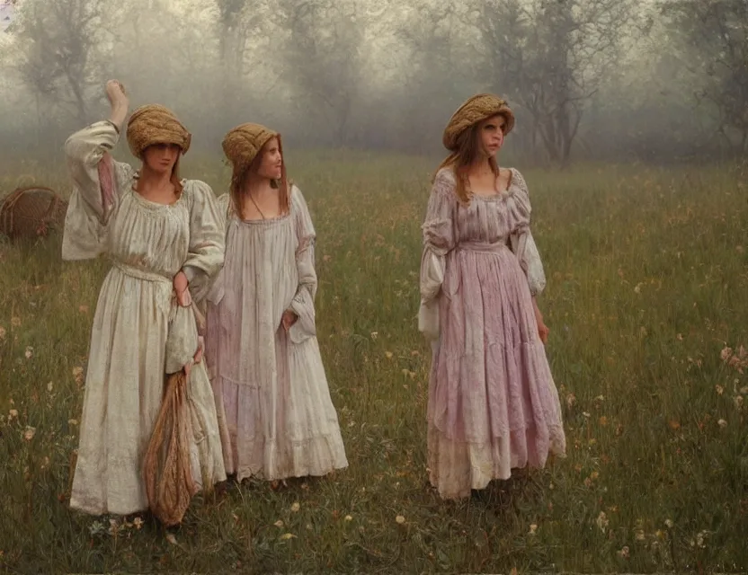 Image similar to peasant girls ivana kupala, midsommart, cottage core, cinematic focus, polaroid photo bleached vintage pastel colors high - key lighting, soft lights, foggy, by steve hanks, by lisa yuskavage, by serov valentin, by tarkovsky, 8 k render, detailed, oil on canvas