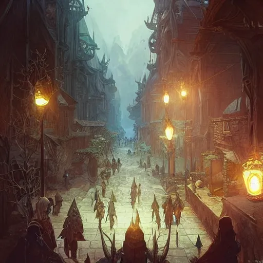 Image similar to “ on main street of nordic fantasy world, d & d, fantasy, intricate, cinematic lighting, highly detailed, digital painting, artstation, concept art, smooth, sharp focus, illustration, art by artgerm and greg rutkowski and alphonse mucha ”