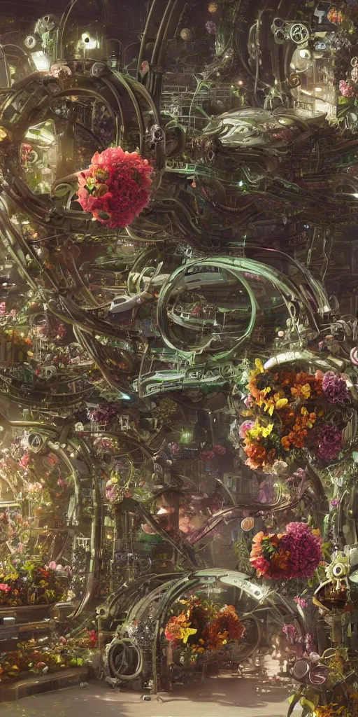 Image similar to a lovely mechanical cornucopia of flowers, sci-fi futuristic, utopian, machine parts, wires, circuits, highly detailed, octane render, cinematic