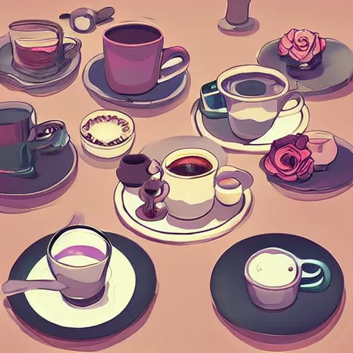 Image similar to a table full of ☕ digital art, aesthetic ☕☕☕☕☕☕☕☕☕☕