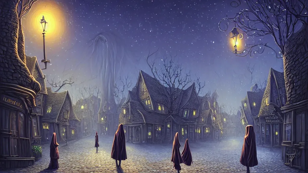 Image similar to lady dressed in long hooded cloak walks in empty lovecraftian town square surrounded by houses and inns.. cthulhu statue.. lovecraftian city at night by cyril rolando and naomi okubo and dan mumford and ricardo bofill.. lovecraft.. cobbled streets.. oil lamp posts.. lovecraftian.. starry night swirly sky.