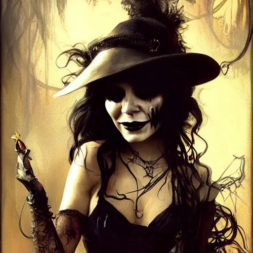 Image similar to beautiful portrait of vanessa hudgens as death from sandman, smiling, by cedric peyravernay, alphonse mucha, by jeremy mann, by lecouffe deharme, goth chic, soft lightning, eyeliner, punk rock, high detailed, 8 k