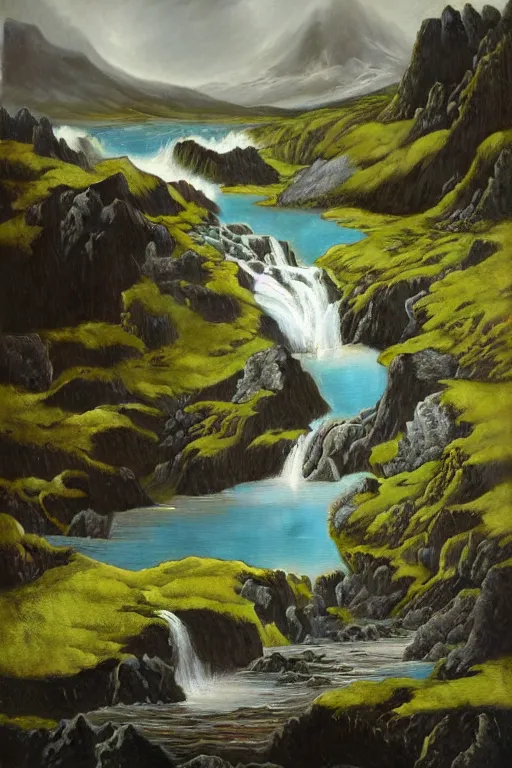 Prompt: painting of iceland landscape with a blue glacier lake and a waterfall, green moss and black rocks and black sand, a detailed matte painting by christophe vacher, matte painting, ultra detailed, matte drawing