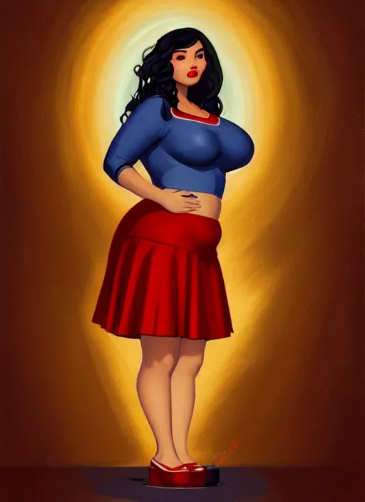 Image similar to full body portrait of teenage veronica lodge, obese, bangs, sultry, realistic, sultry smirk, wavy hair, red skirt, fat, belly, intricate, elegant, glowing lights, highly detailed, digital painting, artstation, concept art, smooth, sharp focus, illustration, art by wlop, mars ravelo and greg rutkowski